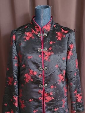 Black & Red Floral Satin Mandarin Collar Jacket
